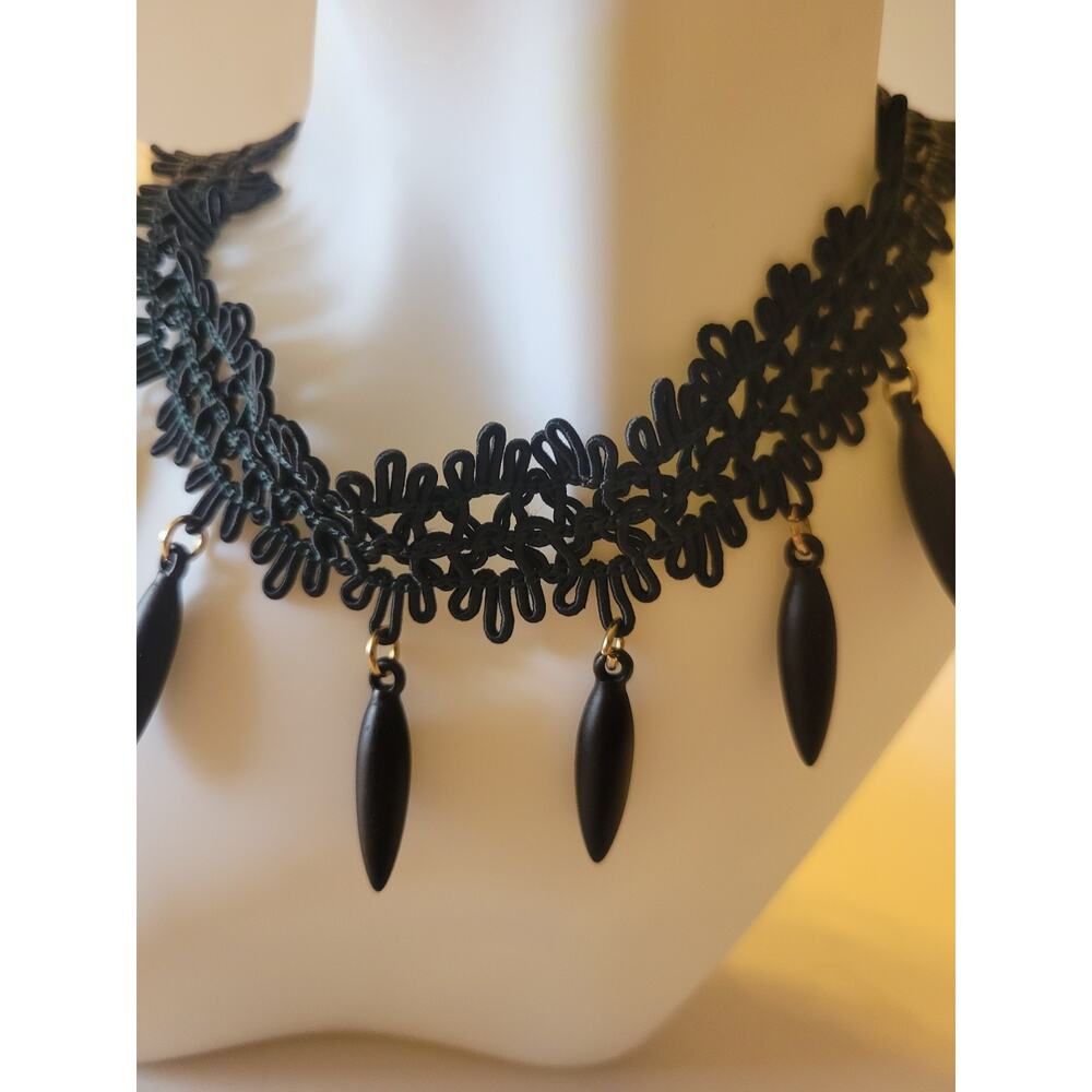 Vtg Black Cloth Tatted Gothic Lace Dangle Victorian Jewelry Choker Necklace - Picture 2 of 7